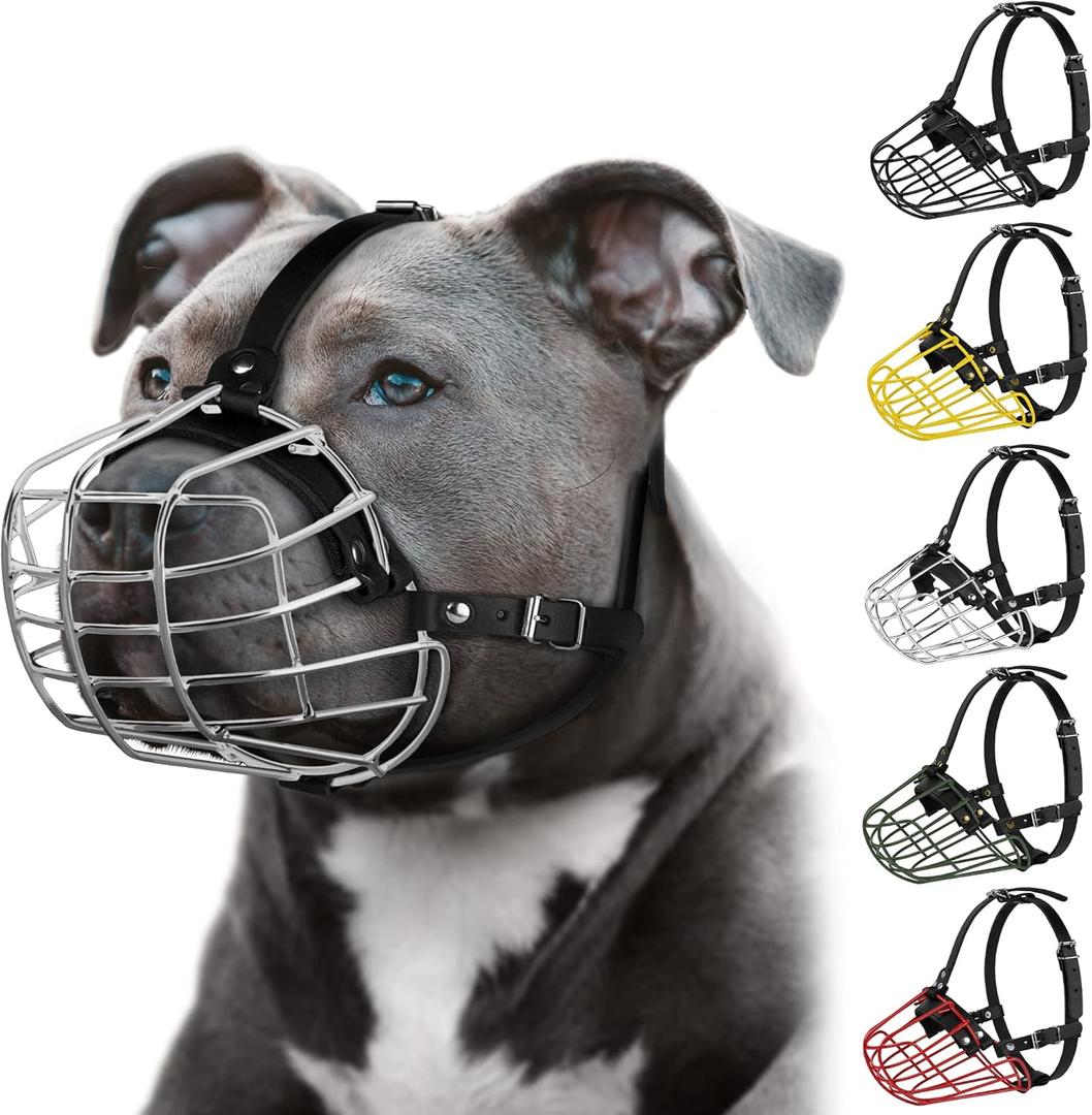 Pitbull Dog Muzzle Metal Mask Amstaff Secure Wire Basket Adjustable Durable Leather Straps for Large Dogs (Steel)