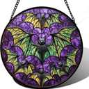 Stained Glass Window Hanging - Halloween Decorations Bats Suncatcher for Doors Garden Indoor Spooky Funny Purple Sun Catchers Gothic Decor Horror Gifts for Women Men Friend 15 in