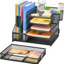 Marbrasse Desk Organizer with File Holder, 5-Tier Paper Letter Tray Organizer with Drawer and 2 Pen Holder, Mesh Desktop Organizer and Storage with Magazine Holder for Office Supplies(Black)