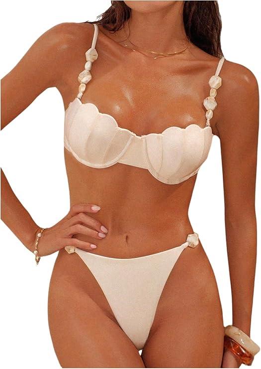 SHENHE Women's Push Up Underwire Swimsuits 2 Piee Seashell Top Cheeky Thong Beaded Bikini Set, Large