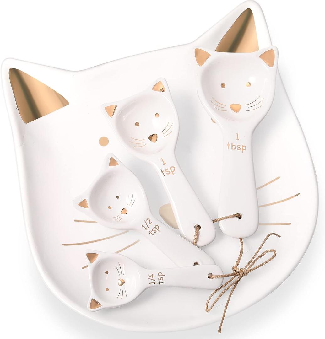 Patelai 5 Pcs Cat Measuring Spoons Set Kitchen Ceramic Counter Cat Ceramic Soup Spoon for Christmas Women Gift(White)