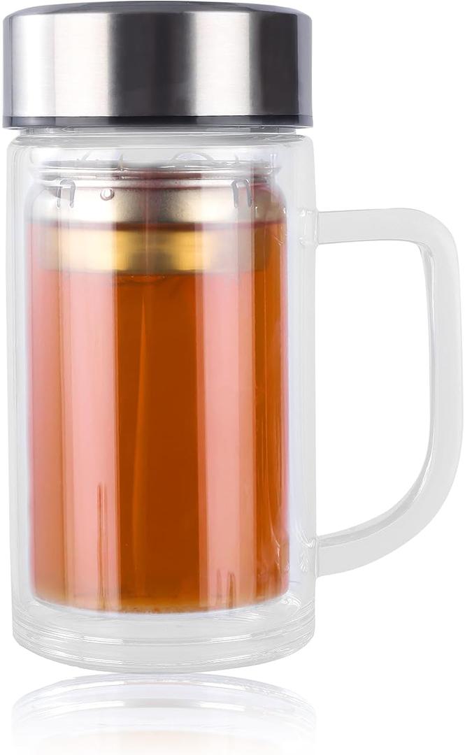 Glass Tea Cup with Infuser,18.6oz/550ml Double Wall Loose Leaf Tea Mug with Infuser and Lid Travel Tea Steeper (C14)