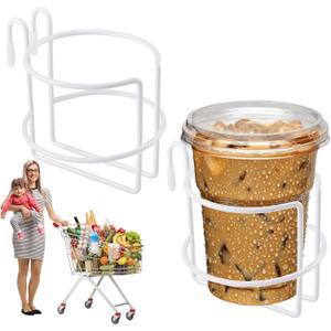 Stanley 2 Pcs Shopping Cart Cup Holder with Bottom Bar, Updated Portable Grocery Cart Drink Holder Reusable Stainless Steel Cup Holder for Hanging Coffee Cup Baby Bottle (White)