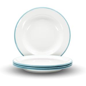 Red Co. Set of 4 Enamelware Metal Classic 8" Round Salad Plate, Solid White/Teal Rim