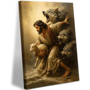 EHNTNNMA Jesus and the Lamb Canvas Wall Mural, Jesus Saving the Lost Sheep, Decorative Painting, Shepherd Protecting Lambs from Wolves, Poster, Christian Bedroom, Church, Christmas, Printed Artwork, 12x 16 inches, Framed