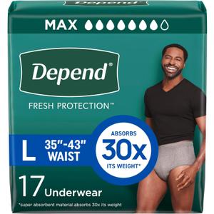 Depend Fresh Protection Adult Diapers, Incontinence Underwear for Men, Disposable, Maximum, Large, Grey, 17 Count