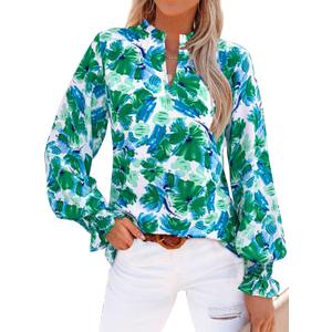 MASCOMODA Womens V Neck Floral Long Sleeve Tops 2026 Summer Casual Loose Puff Sleeve Chiffon Boho Work Blouse Dressy T Shirts(Green Floral, Small)