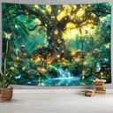 Fantasy Forest Nature Wall Hanging, Magical Enchanted Jungle Tree Waterfall Mushroom Butterfly Tapestry, Trippy Plant Botanical Aesthetic for Bedroom Living Room, 90x70 Green