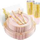 Morejoy 175pcs Pink Plastic Plates - Pink and Gold Disposable Plates sets, Include 25 Dinner Plates,25 Dessert Plates,25 Cutlery Sets,25 Napkins Perfect for Wedding & Party & Holiday & Christmas