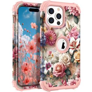 Hocase for iPhone 14 Pro Max Case, Heavy Duty Shockproof Protection Soft Silicone Rubber+Hard Plastic Bumpers Hybrid Protective Case for iPhone 14 Pro Max 2022 - Rose & Lily Flowers