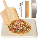 5 PCS Rectangle Pizza Stone Set, 16"Large Pizza Stone for Oven and Grill with Pizza Peel(OAK), Stone Brush,Pizza Cutter & 10pcs Cooking Paper for Free, Baking Stone for Pizza, Bread,BBQ (16 x 14 inch)