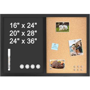4 THOUGHT Chalkboard Corkboard Combo, 24" x 16" Bulletin Cork Board Magnetic Chalk Board for Wall Combination Board Black Frame Double Use Black Board Cork Board 1 Marker 4 Magnets 10 pins
