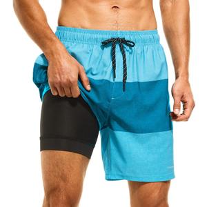 HODOSPORTS Mens Swimsuit Trunks 7" Quick-Dry Swim Shorts with Compression Liner and Zipper Pockets (Large, 07 - Stripe B)