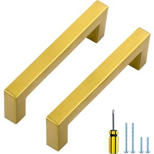 Ravinte 10 Pack Gold Cabinet Pulls 4 Inch Brusehed Brass Kitchen Cabinet Handles Gold Square Kitchen Hardware for Cabinet (4 In Hole Center)