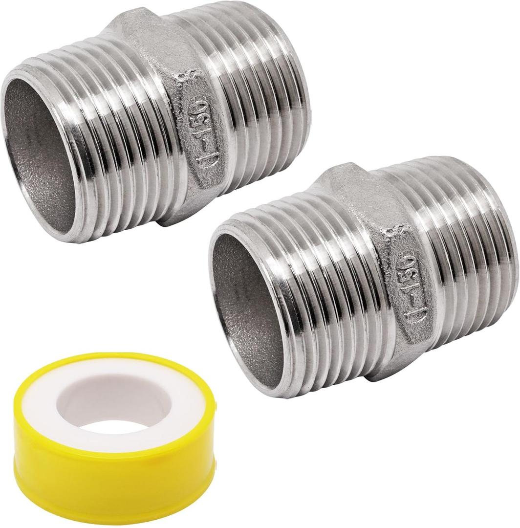 Sydien 2 Pcs 1" NPT Male x 1" NPT Male Hex Nipple Pipe Fitting 304 Stainless Steel Nipple Connectors