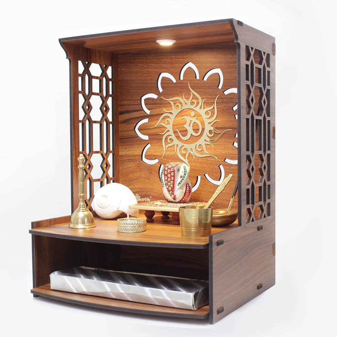Wooden Pooja Stand for Home, Temple, Office, Wall Mounted Puja Mandir with LED Spot Light, Size (H- 15.5, L- 11.5, W-11 Inch)