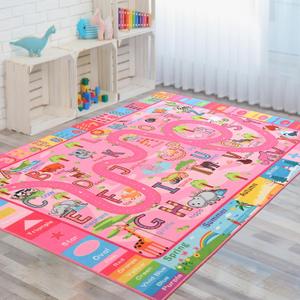 Terrug Kids Rug for Playroom, Educational Classroom Rug for Kids Room, Washable Nursery Rugs Non Slip Playroom Rugs Play Mat for Learning ABC Carpet, Numbers, Animal, Colors, Season, 3X5 Feet, Pink (5' x 3' (Rectangular))