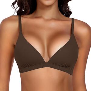 Werkiss Wireless Bralettes for Women No Underwire Bras Sexy V Neck Everyday Bra with Adjustable Straps (Brown, S)