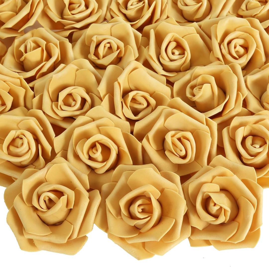 100 PCS Foam Flower Bulk Gold Rose Artificial Flowers Foam Roses Fake Flowers Faux Roses for DIY Wedding Bouquets Centerpieces Arrangements Party Baby Shower Home Decor (Gold)