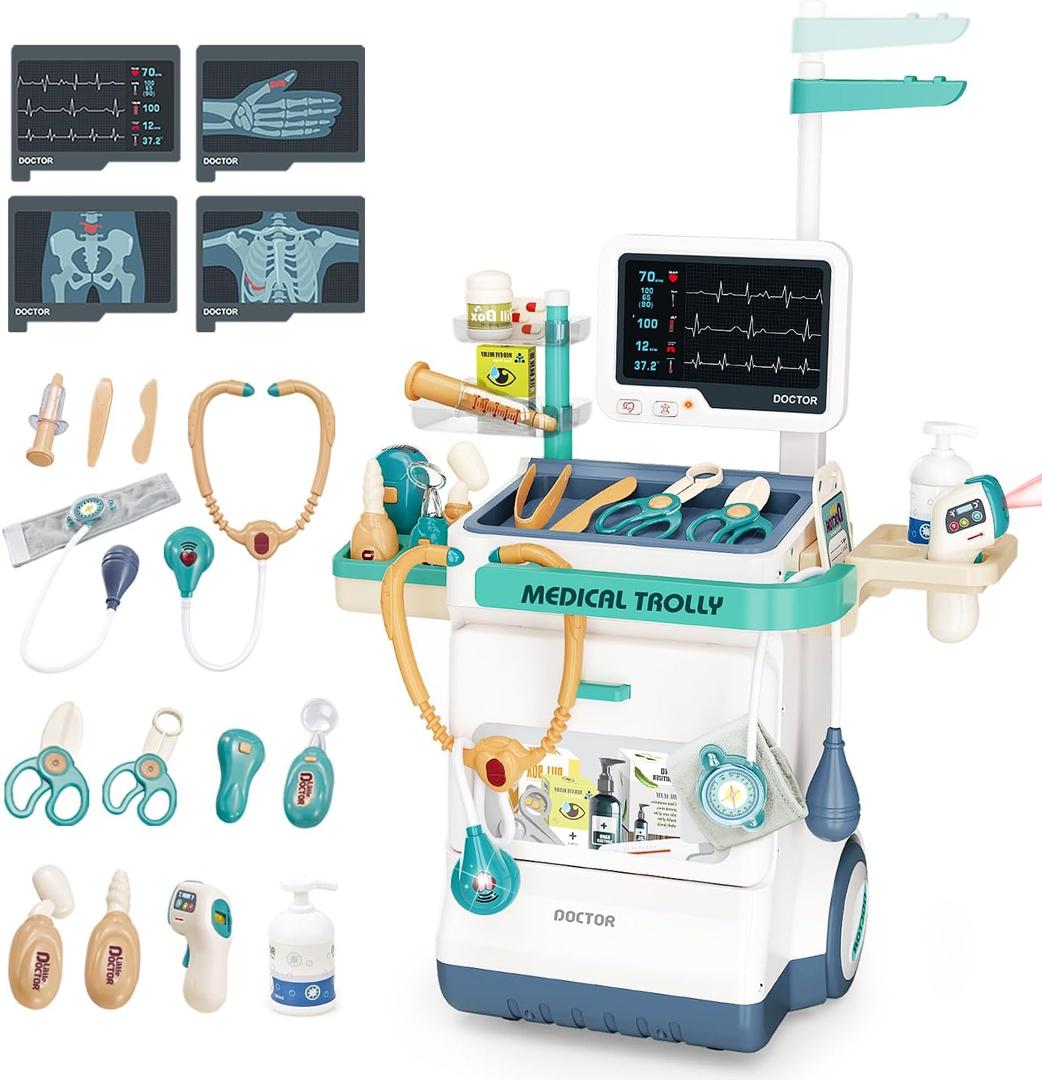 Doctor Kit for Kids 26 Accessories Pretend Medical Station Set for Boys & Girls Mobile Cart with Stethoscope and Medical Toy Accessories for Ages 3 and Up Children Role Play Educational Toys