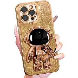 Buleens for iPhone 13 Pro Max Case for Women, Astronaut Bling Cases for iPhone 13 Pro Max with Glitter Paper & Spaceman Stand, Girls Cute Electroplated Sparkly Space Phone Cover for 13 ProMax Golden