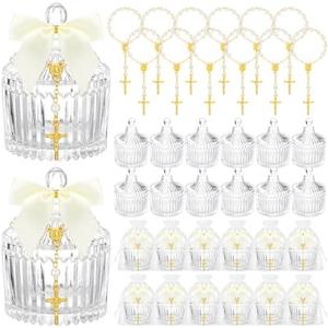 Chuangdi 12 Sets 48 Pcs Baptism Favors for Guests Crystal Candy Bowl Gifts with 12 Pcs Cross Rosary for Baptism Decorations Wedding Baby Shower Supplies First Communion Party(White)