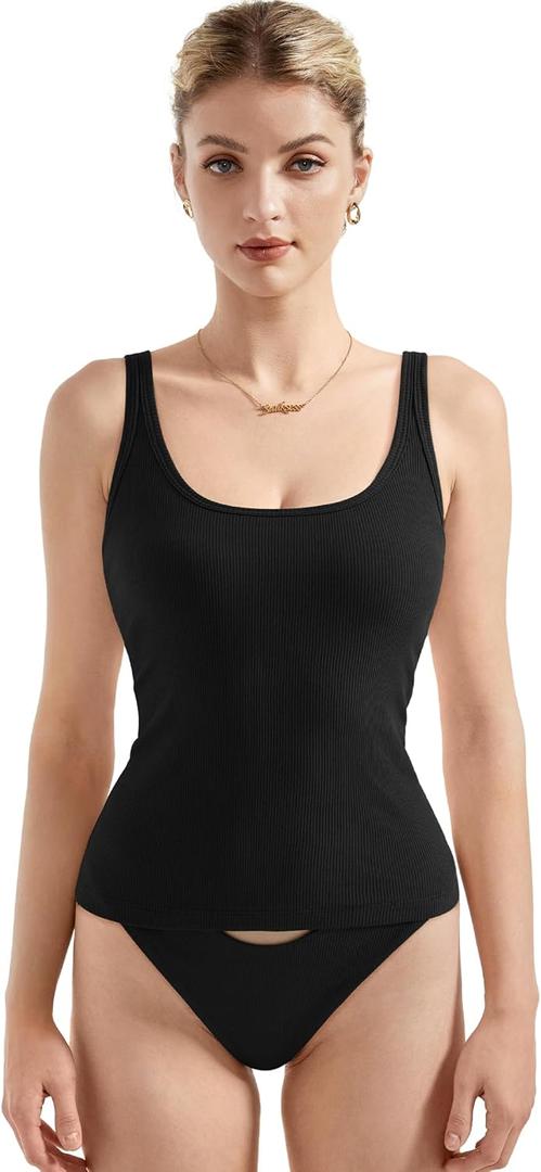 SUUKSESS Women Padded Cotton Ribbed Long Tank Tops 2025 Summer Going Out Basic Scoop Neck Cami Tops (Large, Black)