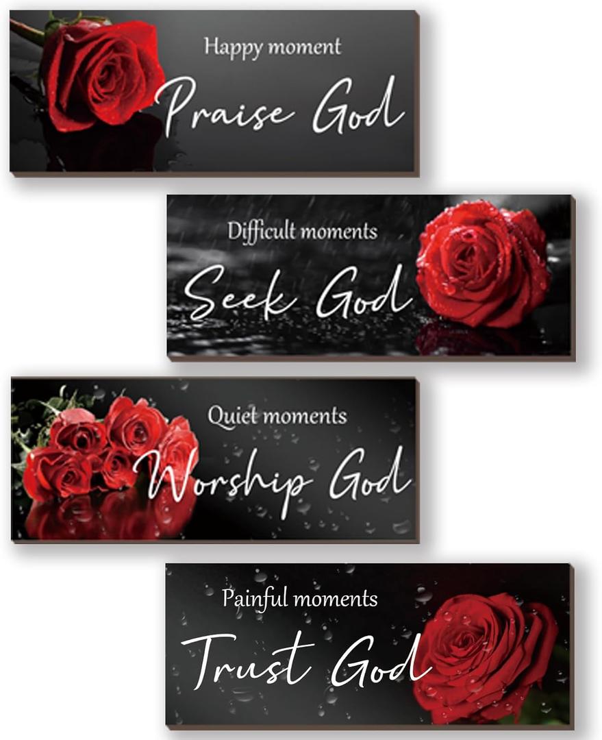 4 Pcs Red Bathroom Decor Religious Wall Art Bible Verse Inspirational Red Rose Wall Decor Rustic Flower Wooden Christian Sign for Home Bathroom Office Bedroom Living Room Kitchen(10x4)