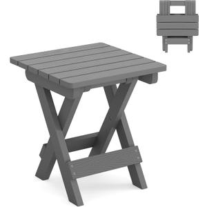 LUE BONA Small Outdoor Folding Side Table, HDPS Outside End Table for Patio, Porch, Deck, Pool, 14 Inch Height, Netural Grey