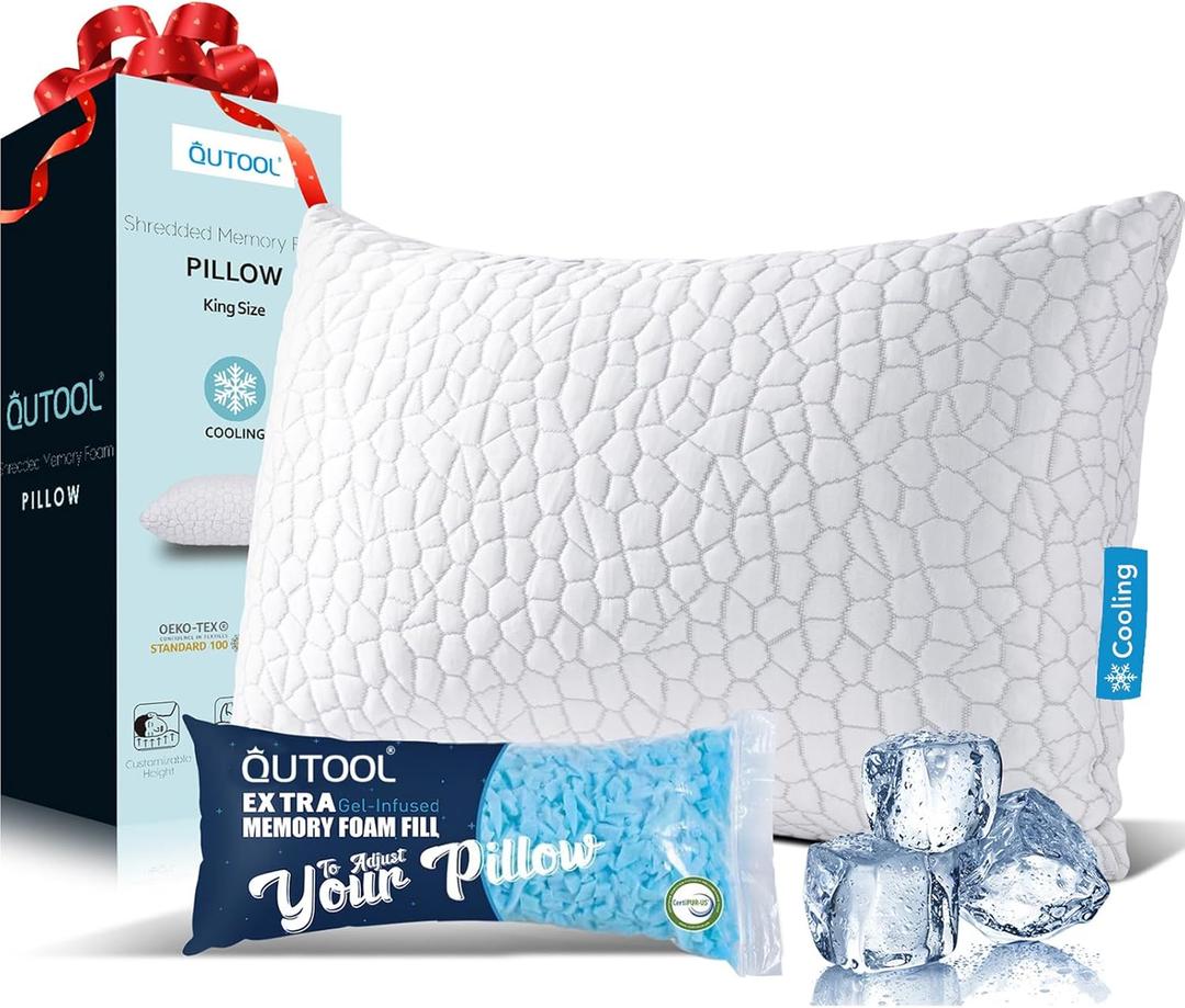 QUTOOL Cooling Pillow for Sleeping, CertiPUR-US Shredded Memory Foam King Pillow Set of 1, Cool Pillow for Hot Sleepers Adjustable Firm Pillow for Side, Back, Stomach Sleepers Soft Yet Support, White