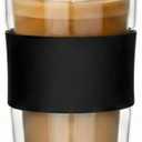14oz Double Walled Glass Coffee Tumbler with Full Glass Lid & Silicone Sleeve - Non-Slip Insulated Travel Mug with Protective Bottom Bumper - 100% Plastic-Free