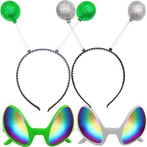 Poptrend 2 Pairs Alien Headband and Glasses,Alien Rainbow Lens Sunglasses,Headband Boppers Antenna for Adults and Kids (Green+silver)