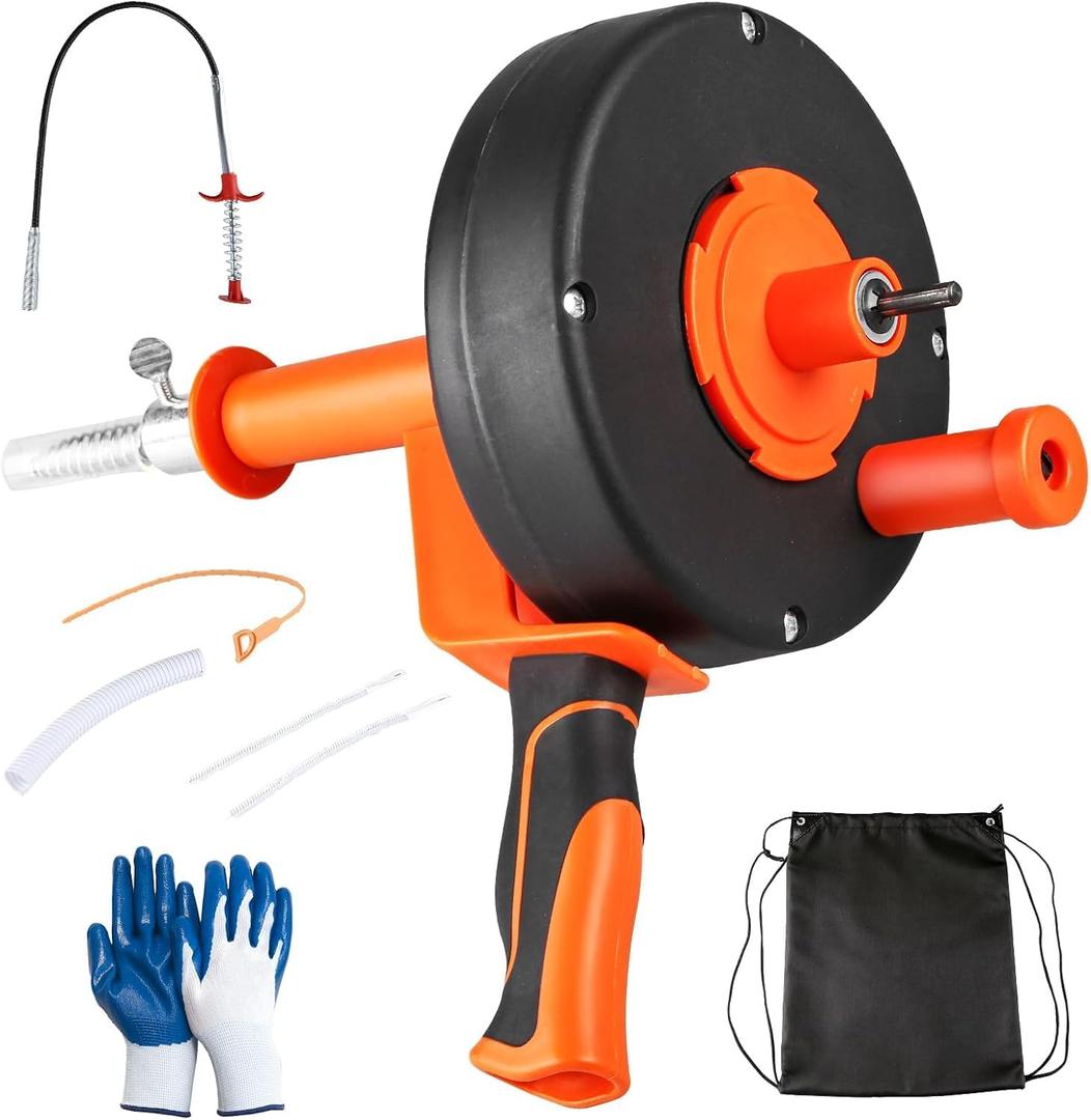 Drain Auger 25 Ft,Plumbing Snake With Drill Adapter,Pipe Clog Remover for Kitchen Bathroom Shower Sink Cleaning,Flexible Spring Steel (Orange)