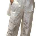 CHICME Womens Textured Two Piece Outfit Set Elegant Button Down Long Sleeve Shirt and Loose Wide Leg Pants Set (White, M)