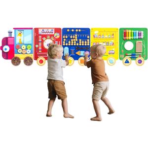 Train Activity Wall Busy Board,Wooden Busy Board Train Activity Wall Panels,Montessori Sensory Wall Toys Panel for Kids, Learning Activity Center for Playroom,3 Years Old and Over