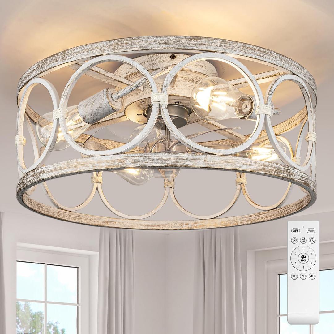 Farmhouse Fandelier, 20" Flush Mount White Caged Ceiling Fan with Lights & Remote Control Kit, Bladeless/Low Profile/6-speed for Living Room Bedroom Kitchen