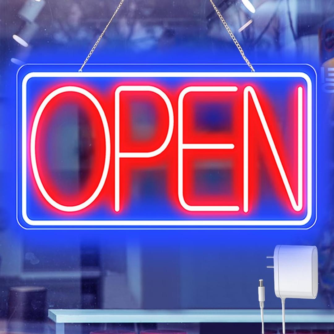 Led Neon Open Signs for Business - 12V/2A Ultra Bright Led Neon Sign with ON/OFF Switch - Plug In Electric Light Up Sign for Bar, Salon, Coffee Stores, Club, Hotel (Horizontal)