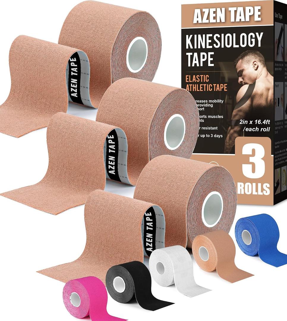 2 x AZEN 3 Rolls Kinesiology Tape, 16.4 ft Waterproof Kinetic Tape for Joints Support and Muscle Pain Relief, Knee Tape, Athletic Tape, Uncut Muscle Tape - Skin