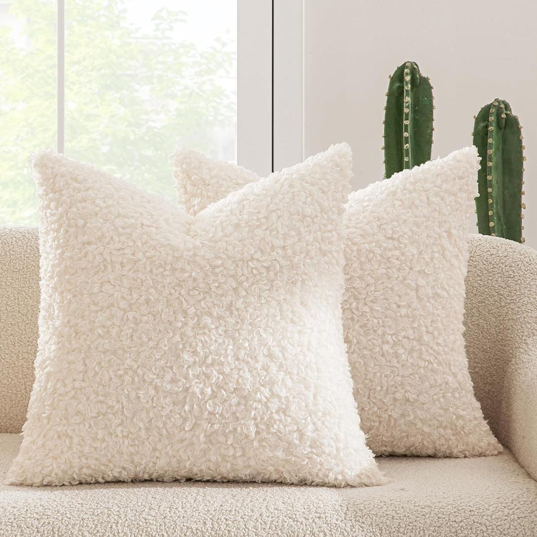 MIULEE Pack of 2 Faux Fur Throw Pillow Covers 18x18 Inch Neutral White Boucle Decorative Sherpa Pillow Covers Fuzzy Accent Soft Sheepskin Fleece for Boho Home Decor Sofa Living Room Couch Bed