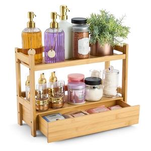Sorbus Bamboo Bathroom Counter Organizer – 2-Tier Shelf with Hidden Drawer for Vanity, Matcha Station, Bathroom Sink Organizer Countertop, Kitchen & Office Storage (17″ L x 6.5″ W x 12.6″ H)
