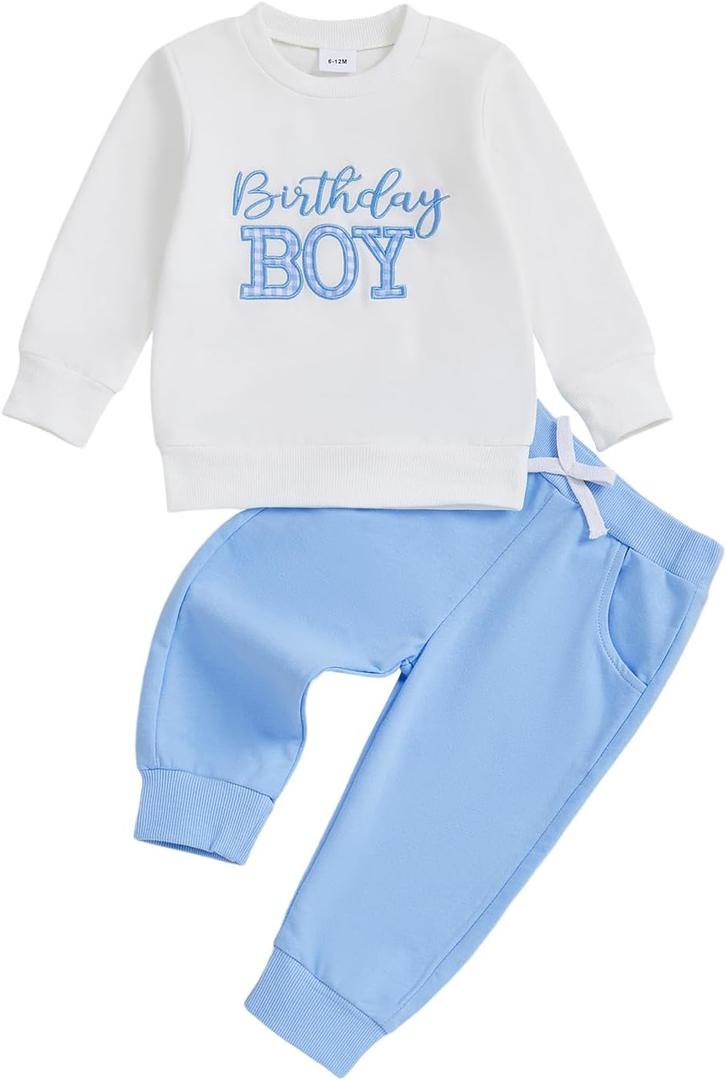 Toddler Baby Boy Birthday Outfit Letters Print Long Sleeve Crewneck Sweatshirt and Pants Cake Smash Outfit Clothes (12-18 Months, A-white Blue)