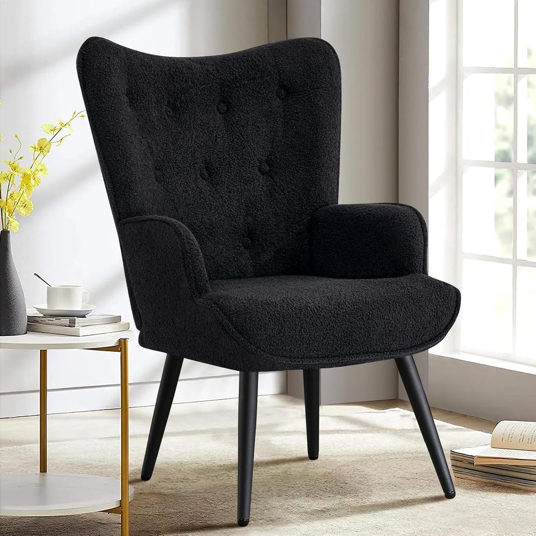 Furniliving Boucle Accent Chair for Living Room, Upholstered Reading Chair with High Backrest, Tufted-Button Wingback Armchair for Bedroom, Dressing Room, Home Office, Black (Set of 1)