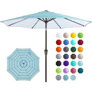 JEAREY 9FT Outdoor Patio Umbrella Outdoor Table Umbrella with Push Button Tilt and Crank, Market Umbrella 8 Sturdy Ribs UV Protection Waterproof for Garden, Deck, Backyard, Pool (Blue Green Stripe)
