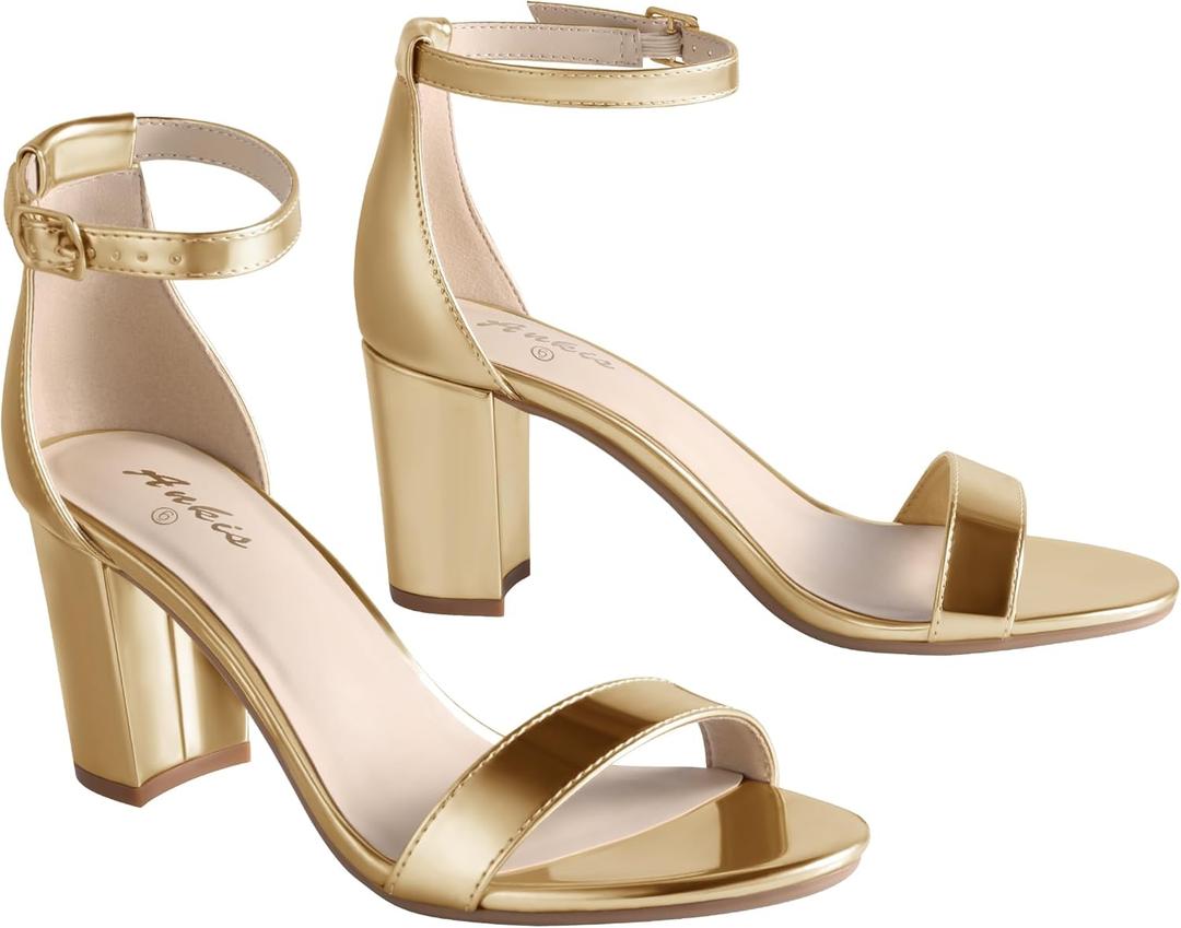 Ankis Heels for Women Open Toe Ankle Strap Chunky Heel Sandals 2.75 Inch (8, Gold Pu)