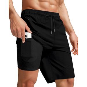 Men Swim Trunks with Compression 9 Inches Breathable Liner Quick Dry Zipper Pockets for Board Beach Gym Running (Black)
