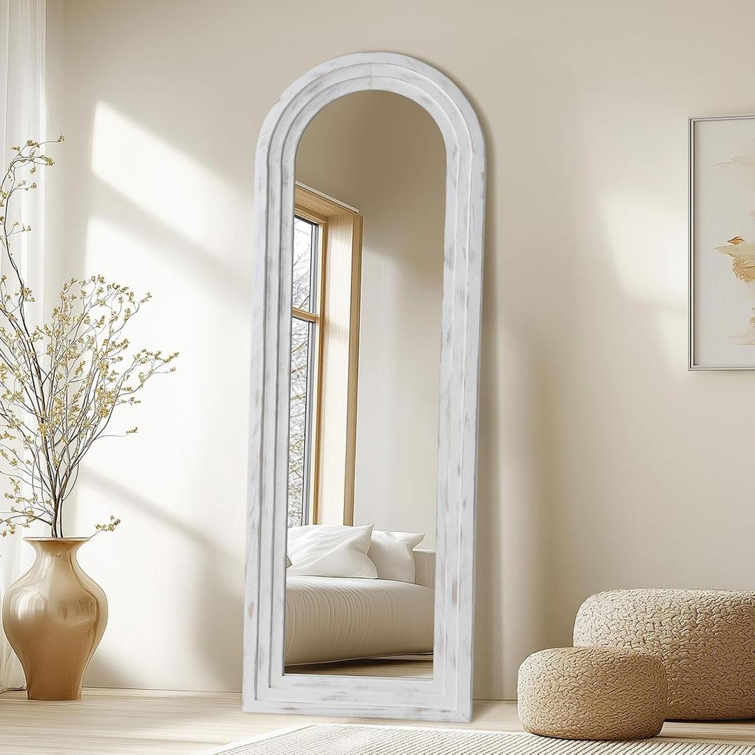 Arched Floor Full Length Mirror with Wood Frame, 56"x21" Rustic Farmhouse Free Standing Mirror for Bedroom Living Room Store, Leaning or Wall Mounted, Tempered Glass, White