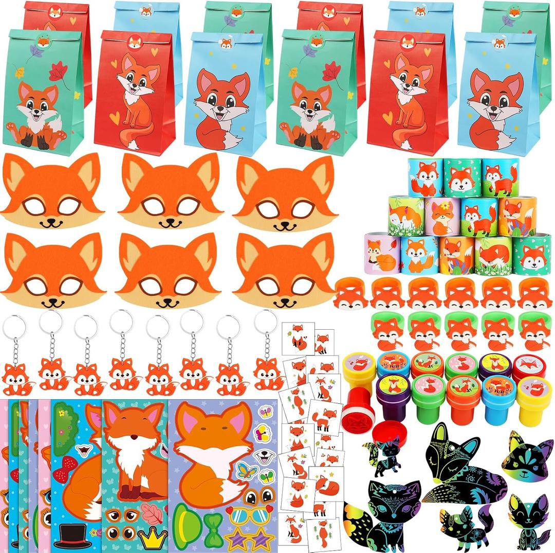 Fox Party Favors, 132PCS Fox Themed Birthday Party Supplies, Fox Gifts Goodie Bag Stuffers Stickers Stamps Toys Pinata Prizes for Jungle Safari Party Woodland Creatures Fox Birthday Party Decorations