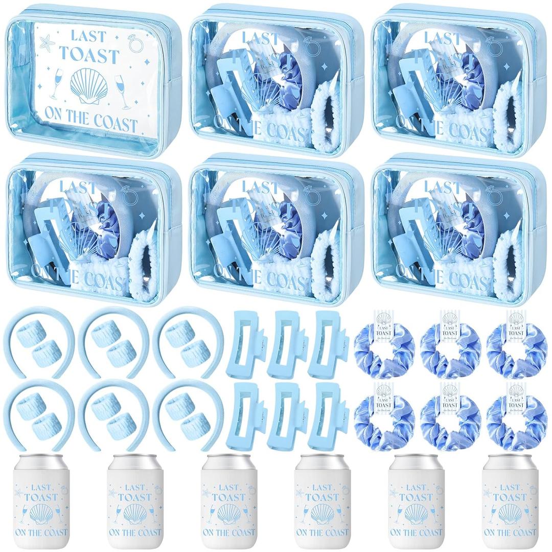 Meanplan 6 Pack Last Toast on the Coast Bachelorette Party Favors Blue Coastal Bridesmaid Proposal Gifts Makeup Bag Claw Clip Wristband Scrunchies Hairband Can Sleeve Bridal Show Wedding Gifts