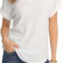 QUALFORT Women's V Neck Tops Short Sleeve Loose Fit Ribbed Knit Casual Shirts Spring Summer Blouses Basic Tee 2026 (White, M)
