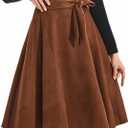 DIASHINY Faux Suede Knee Length Skirt for Women High Waist Flared Stretch A Line Midi Skater Skirts (Brown, XL)
